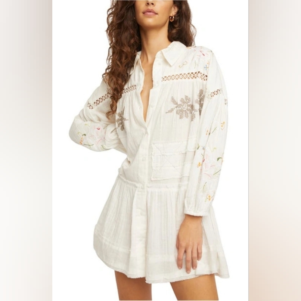 Free People White Floral Embroidered Mini Dress